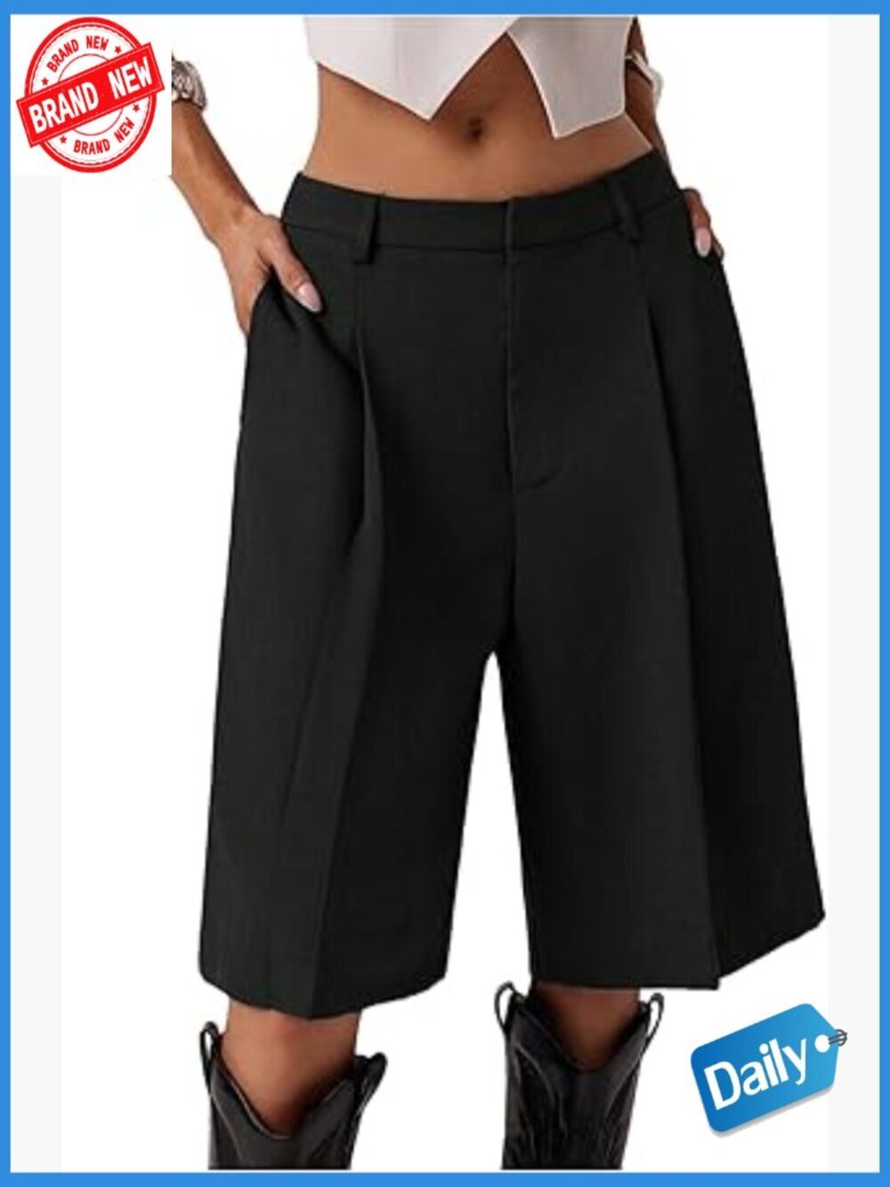 Dressy Wide Leg Bermuda Shorts Casual Business Pleated High Waisted